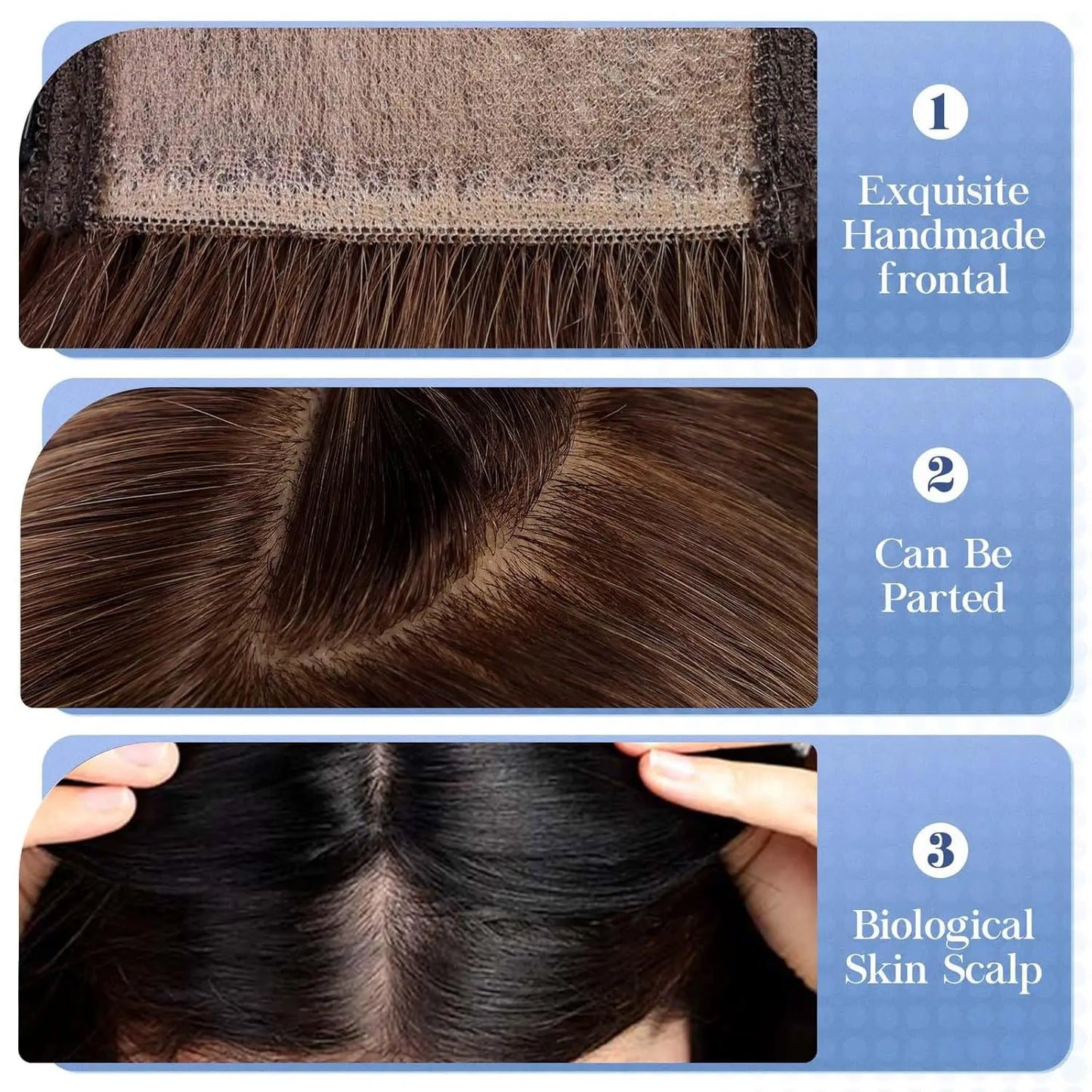 16” Human Hair Topper with Bangs – Clip-In Straight Lace Base Topper