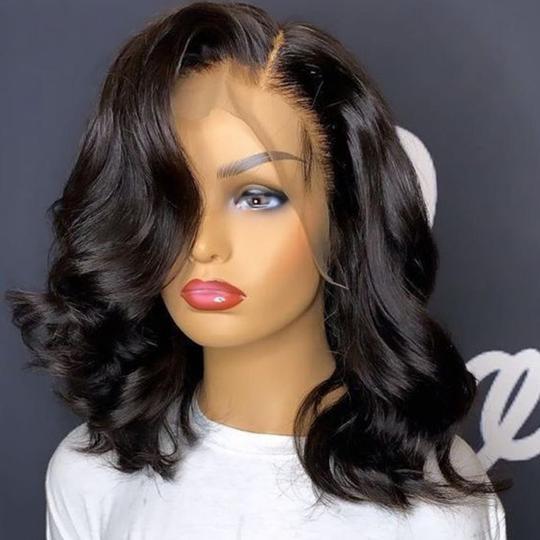 100% Human Hair 13x1 HD Lace Wig Natural Balck Wave Bob Hair