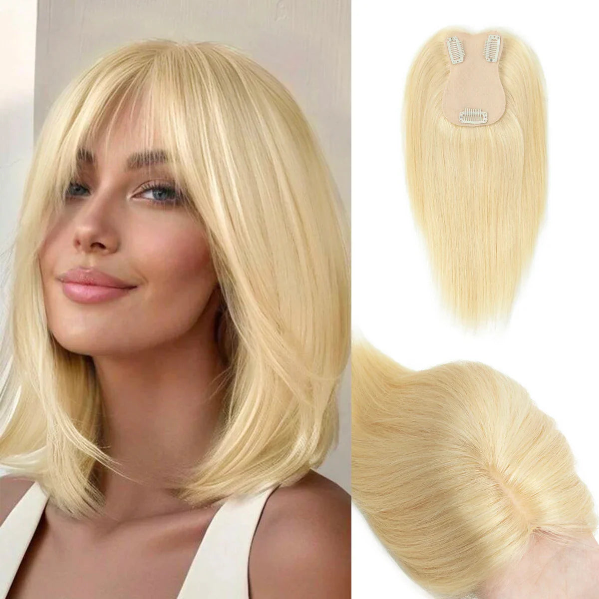 360° Human Hair Topper with Bangs – Real Hair Volume Topper for Thinning Hair