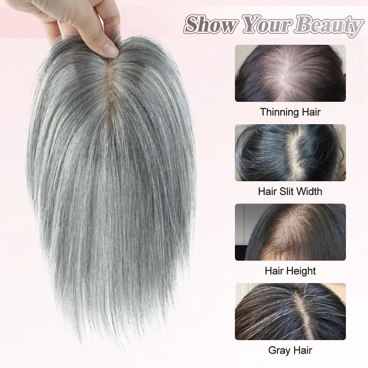 360° Human Hair Topper with Bangs – Real Hair Volume Topper for Thinning Hair