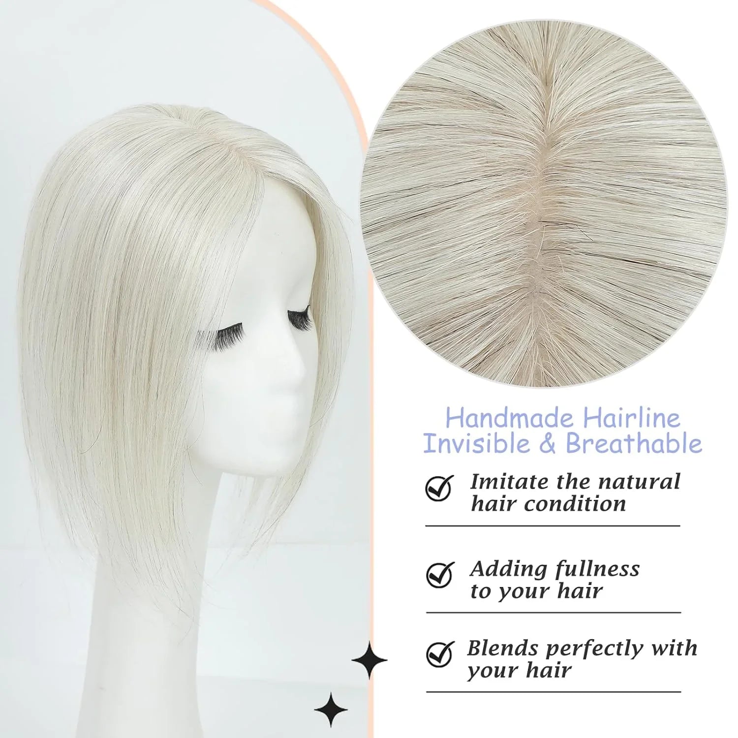 360° Human Hair Topper with Bangs – Real Hair Volume Topper for Thinning Hair