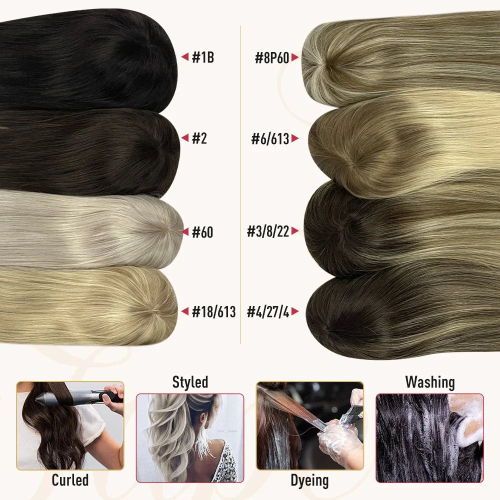 Straight Human Hair Topper – Remy Clip-In Hair Piece with Mono & PU Base