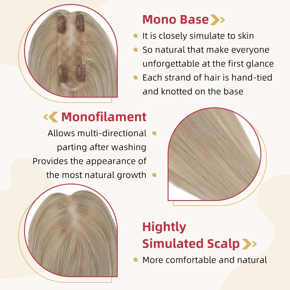 Straight Human Hair Topper – Remy Clip-In Hair Piece with Mono & PU Base