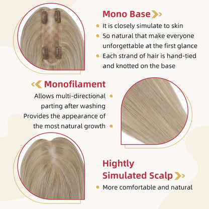 Straight Human Hair Topper – Remy Clip-In Hair Piece with Mono & PU Base