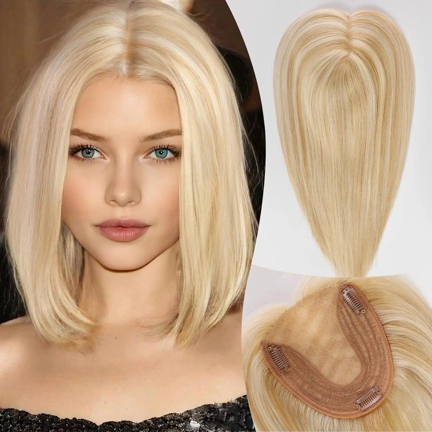 12” Human Hair Topper with Bangs – 360° Lace Base Clip-In for Women
