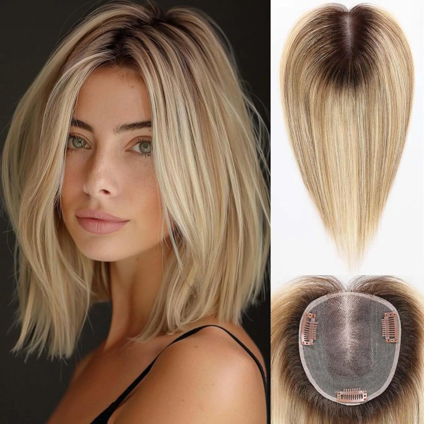 12” Straight Human Hair Topper – Middle Part Swiss Lace Base