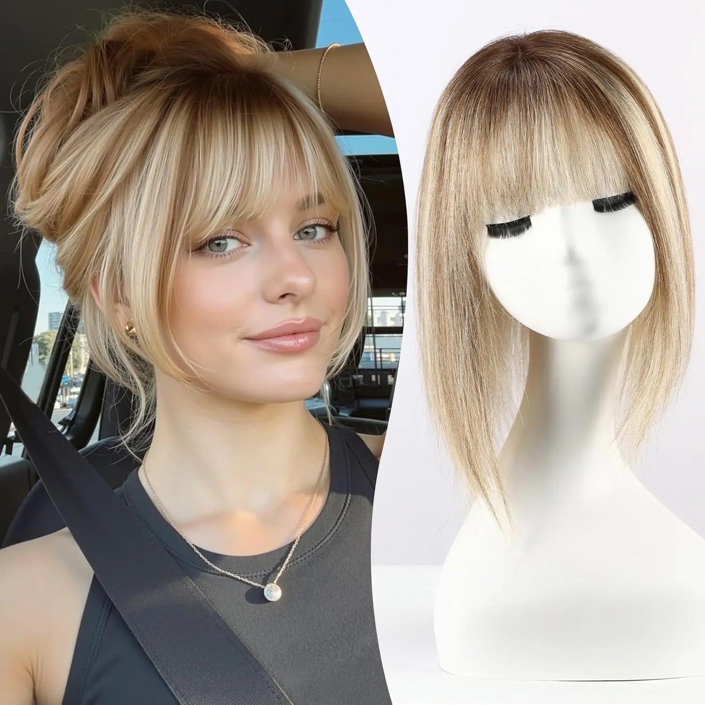 12” Human Hair Topper with Bangs – 360° Lace Base Clip-In for Women