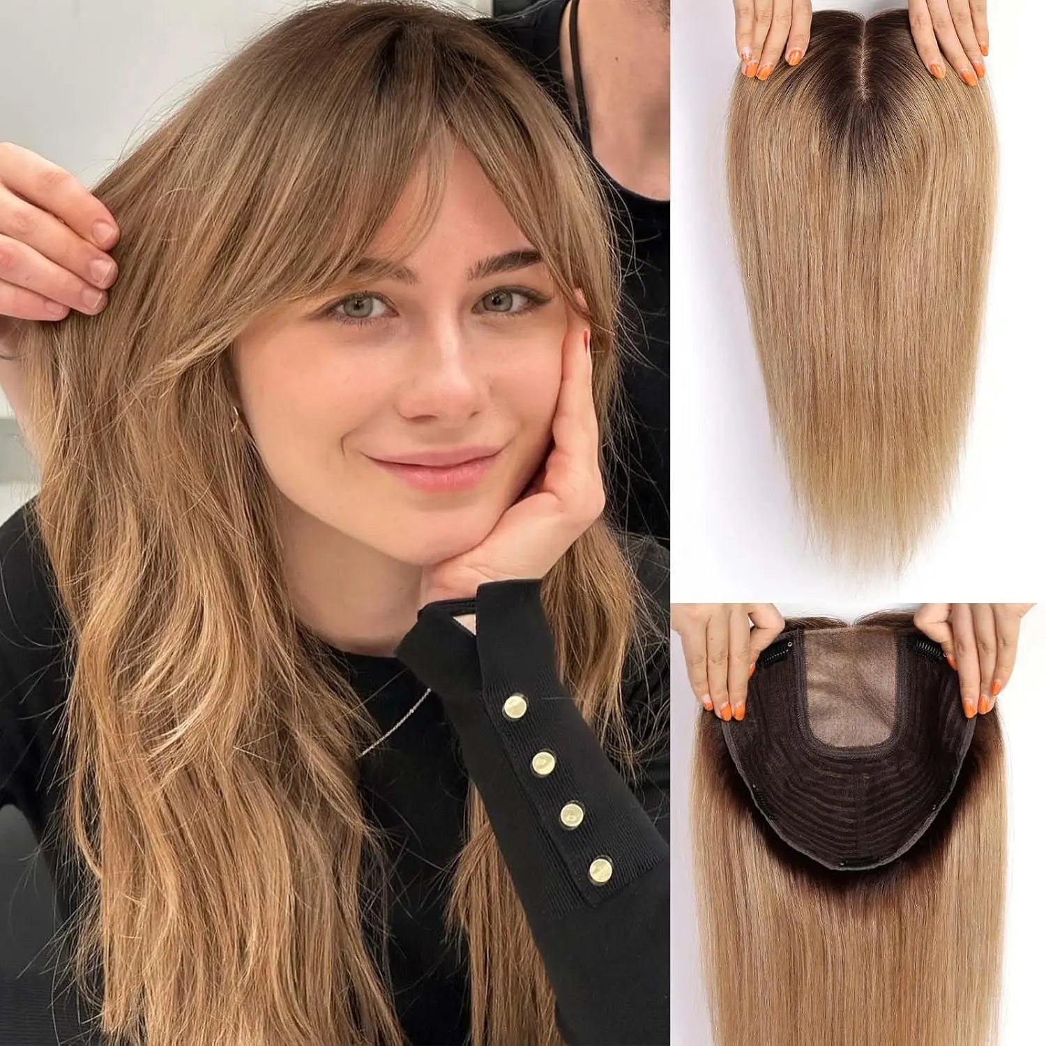16” Full Coverage Human Hair Topper – Large 9×9 Silk Base Brown Highlights