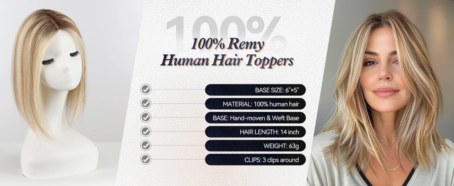 12” Human Hair Topper – Swiss Silk Base, No Bangs, 60g Clip-In