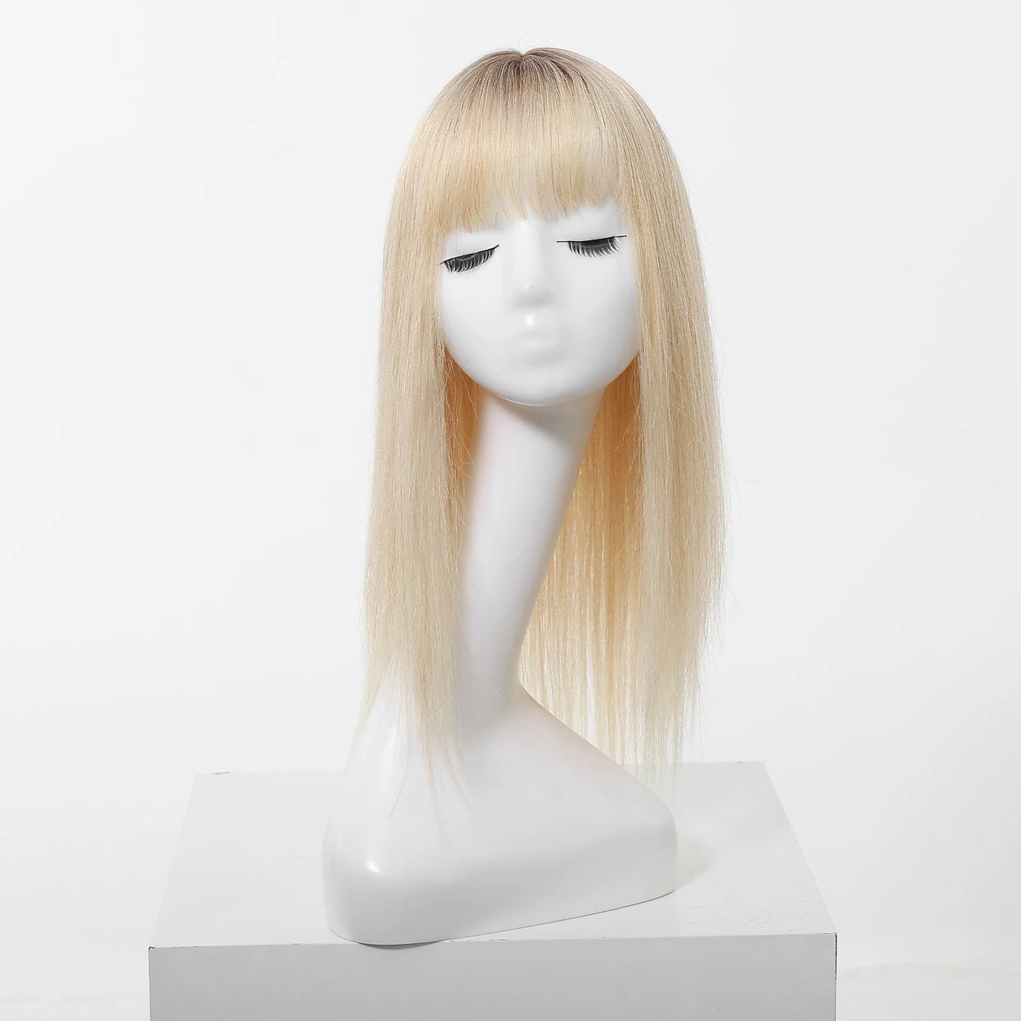 16” Human Hair Topper with Bangs – Clip-In Straight Lace Base Topper
