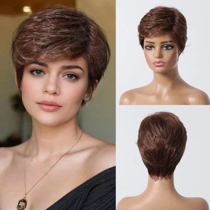 Short Pixie Cut Grey Human Hair Wig – 8” Layered Blend Wig with Bangs for Women