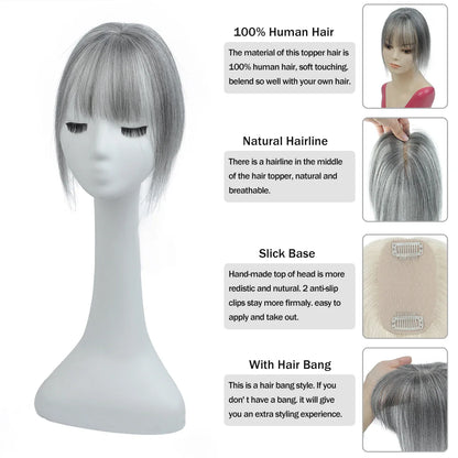 Silk Base 3D Human Hair Topper with 360° Bangs – Real Hair Volume Topper for Thinning Hair