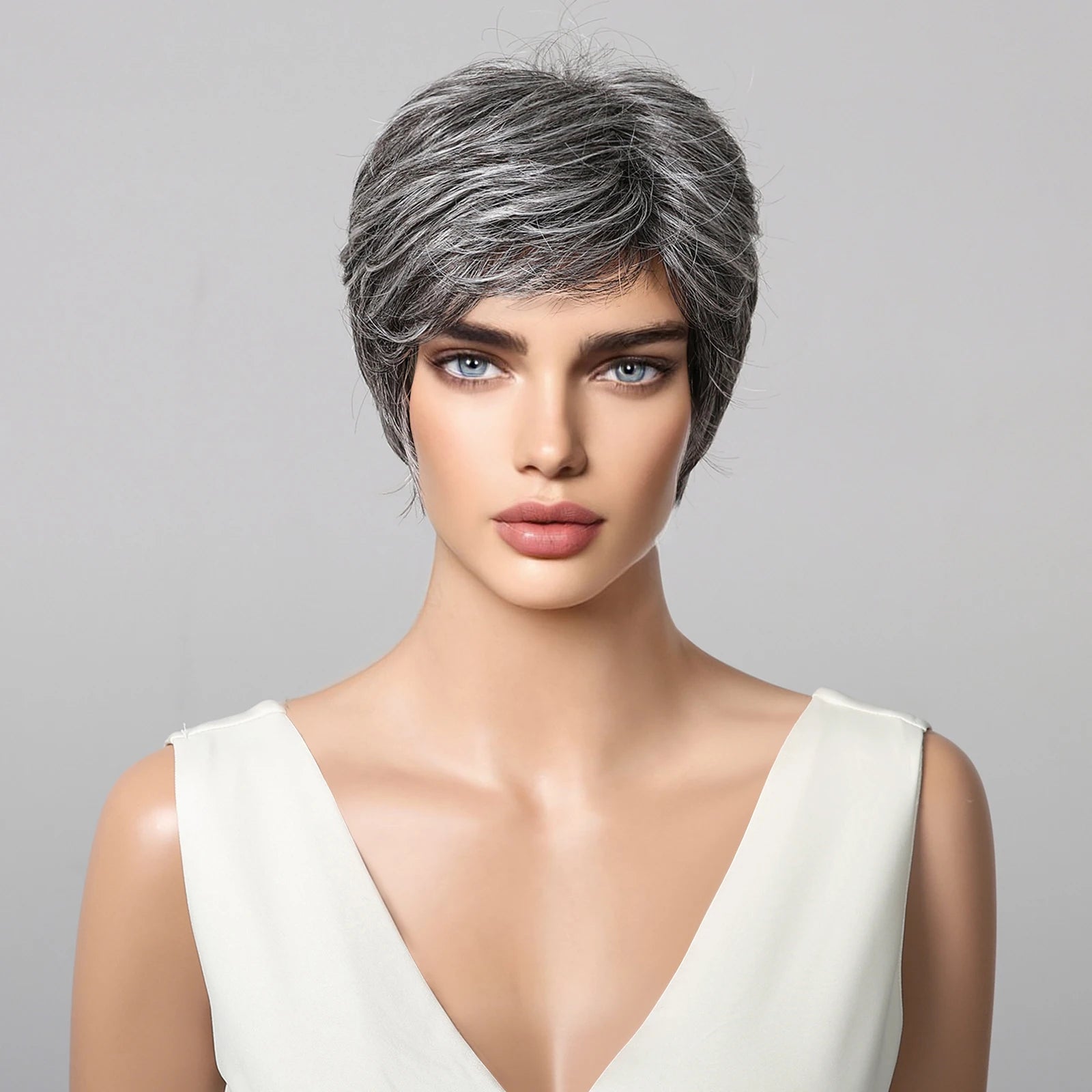 Short Pixie Cut Grey Human Hair Wig – 8” Layered Blend Wig with Bangs for Women