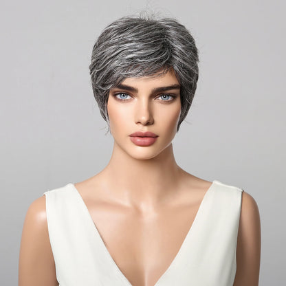 Short Pixie Cut Grey Human Hair Wig – 8” Layered Blend Wig with Bangs for Women