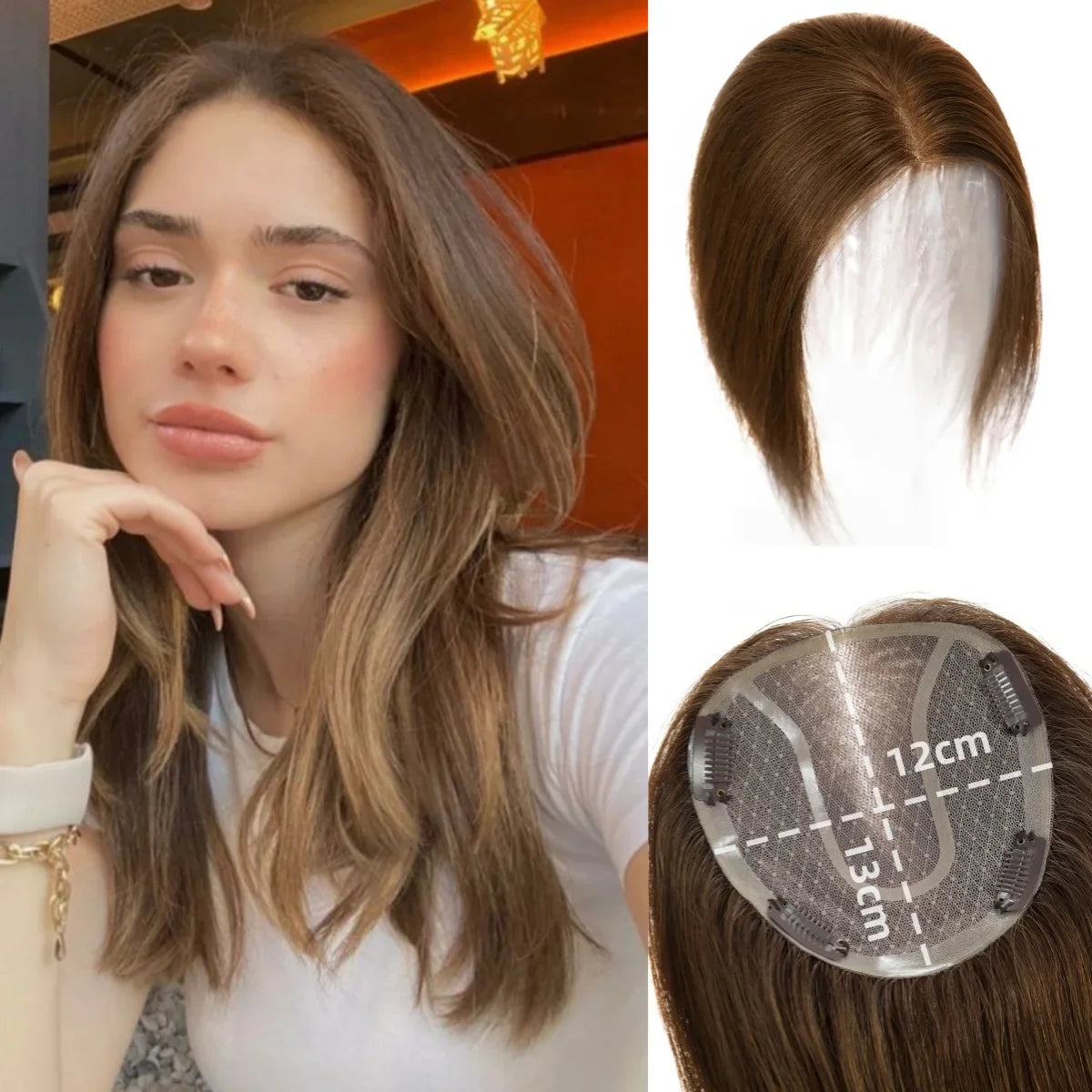 14” Human Hair Topper – Straight Mono Lace Base Clip-In Hairpiece for Women