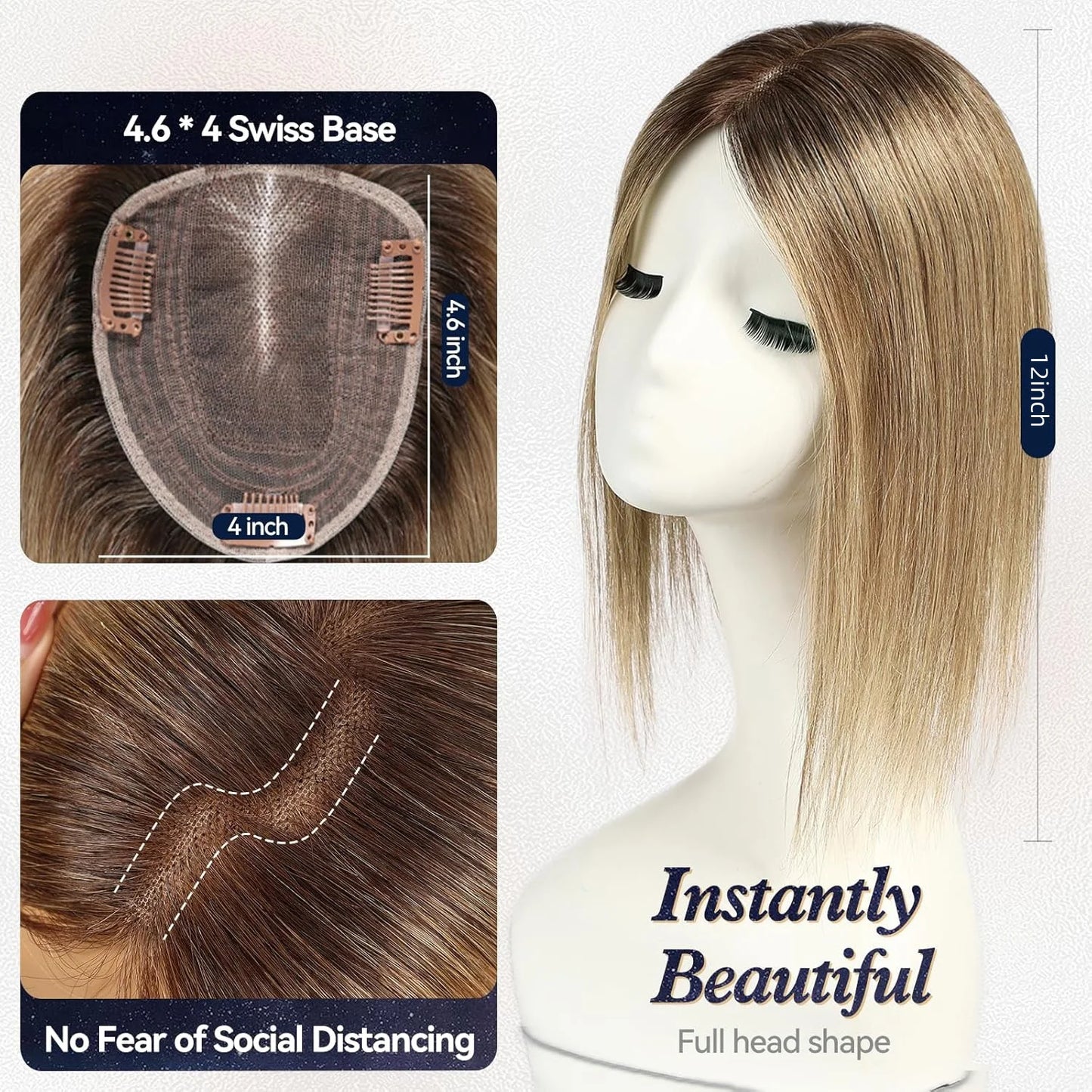 12” Human Hair Topper – Swiss Silk Base, No Bangs, 60g Clip-In