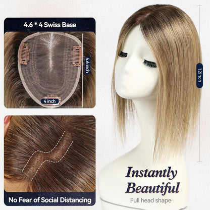 12” Human Hair Topper – Swiss Silk Base, No Bangs, 60g Clip-In