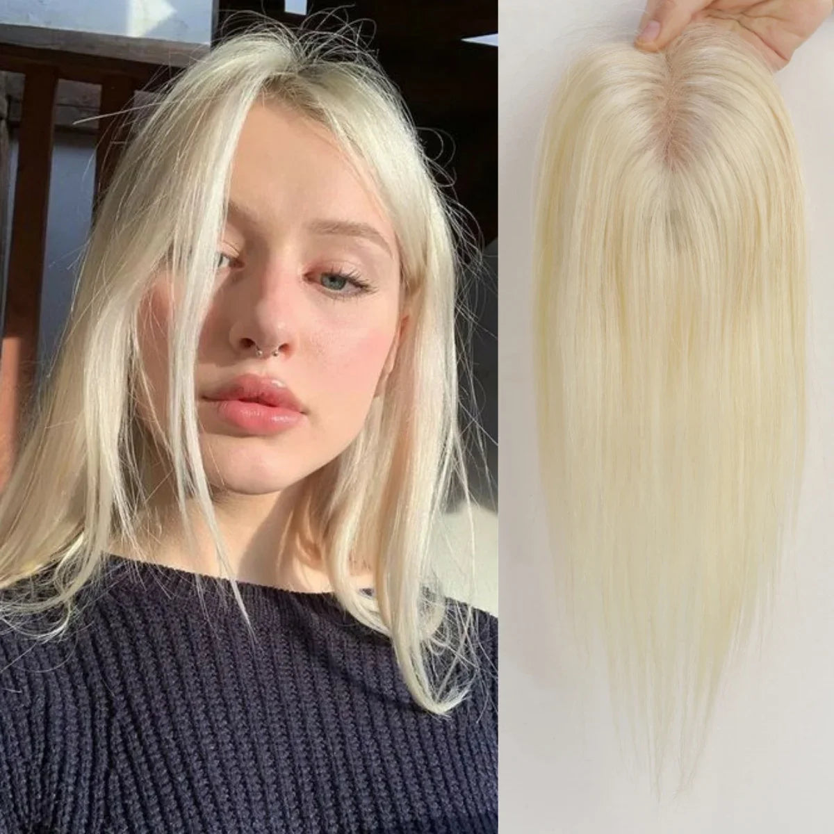 12” Human Hair Topper – Straight Lace Base Clip-In Hairpiece