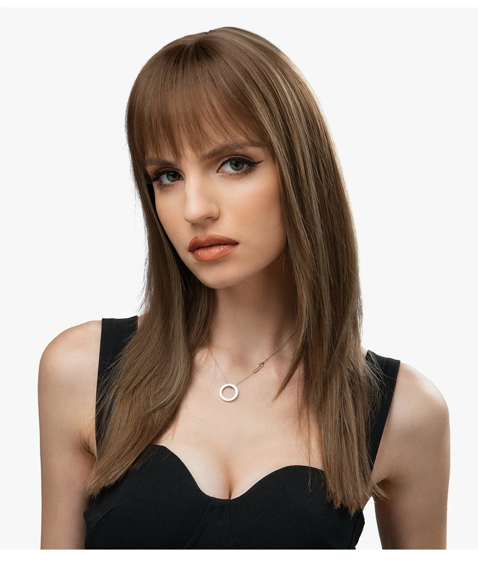 Natural-Look Hair Topper with Bangs – Medium-Length Clip-In Wig for Women (Straight, 120% Density)