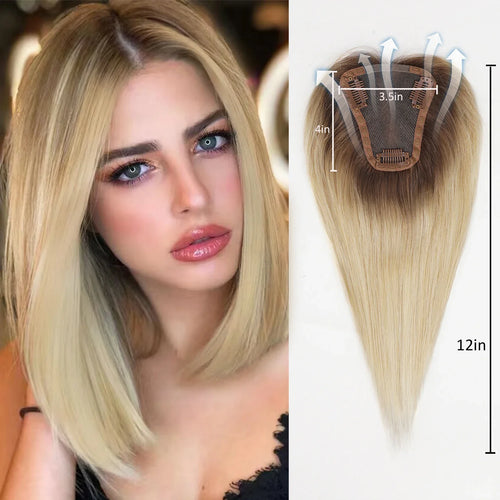 Ombre Ash Blonde Human Hair Topper | Silk Base Remy Hair Topper for Thinning Hair