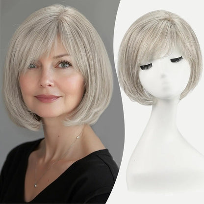 10” Short Bob Human Hair Topper with Bangs – Side Part Silk Base Clip-In