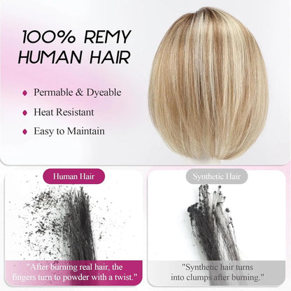 10” Short Bob Human Hair Topper with Bangs – Side Part Silk Base Clip-In