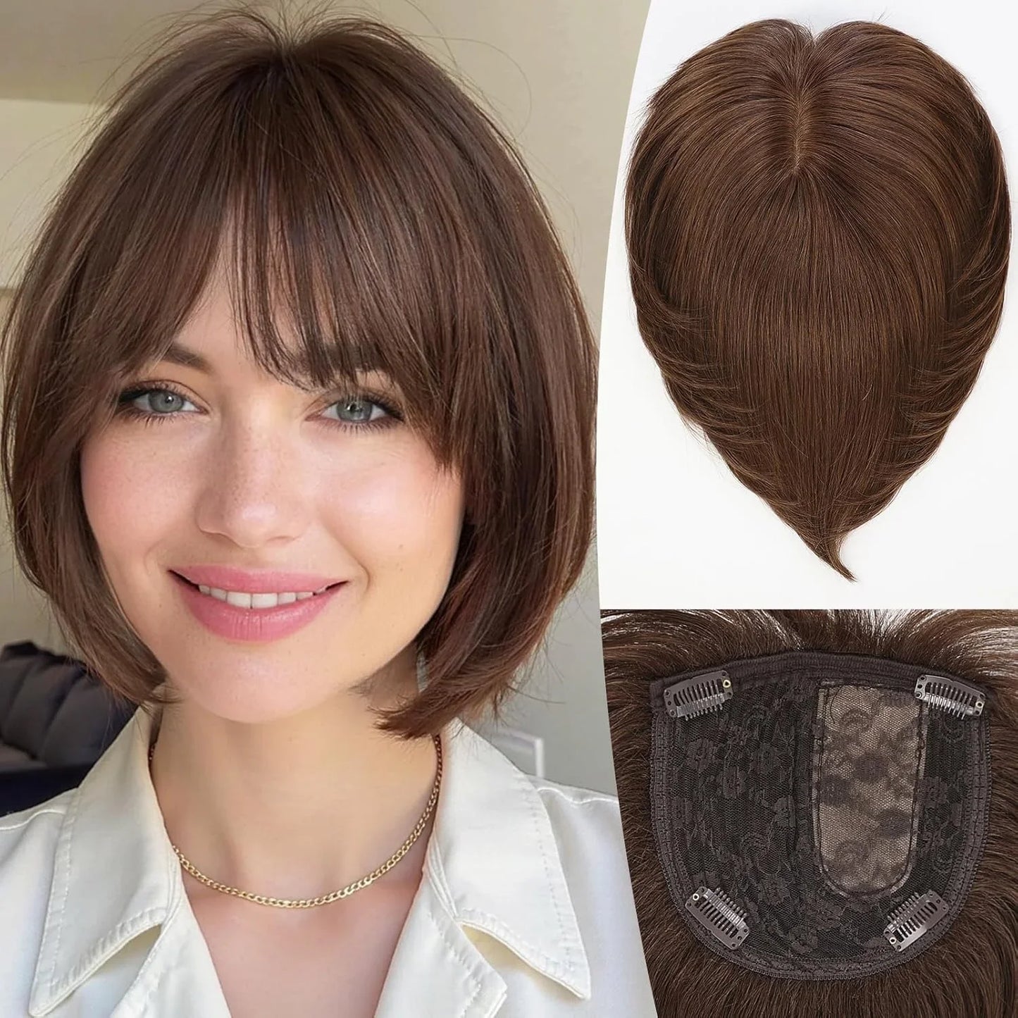 10” Human Hair Topper with Bangs – Silk Base Short Bob (6.5×6.5”)