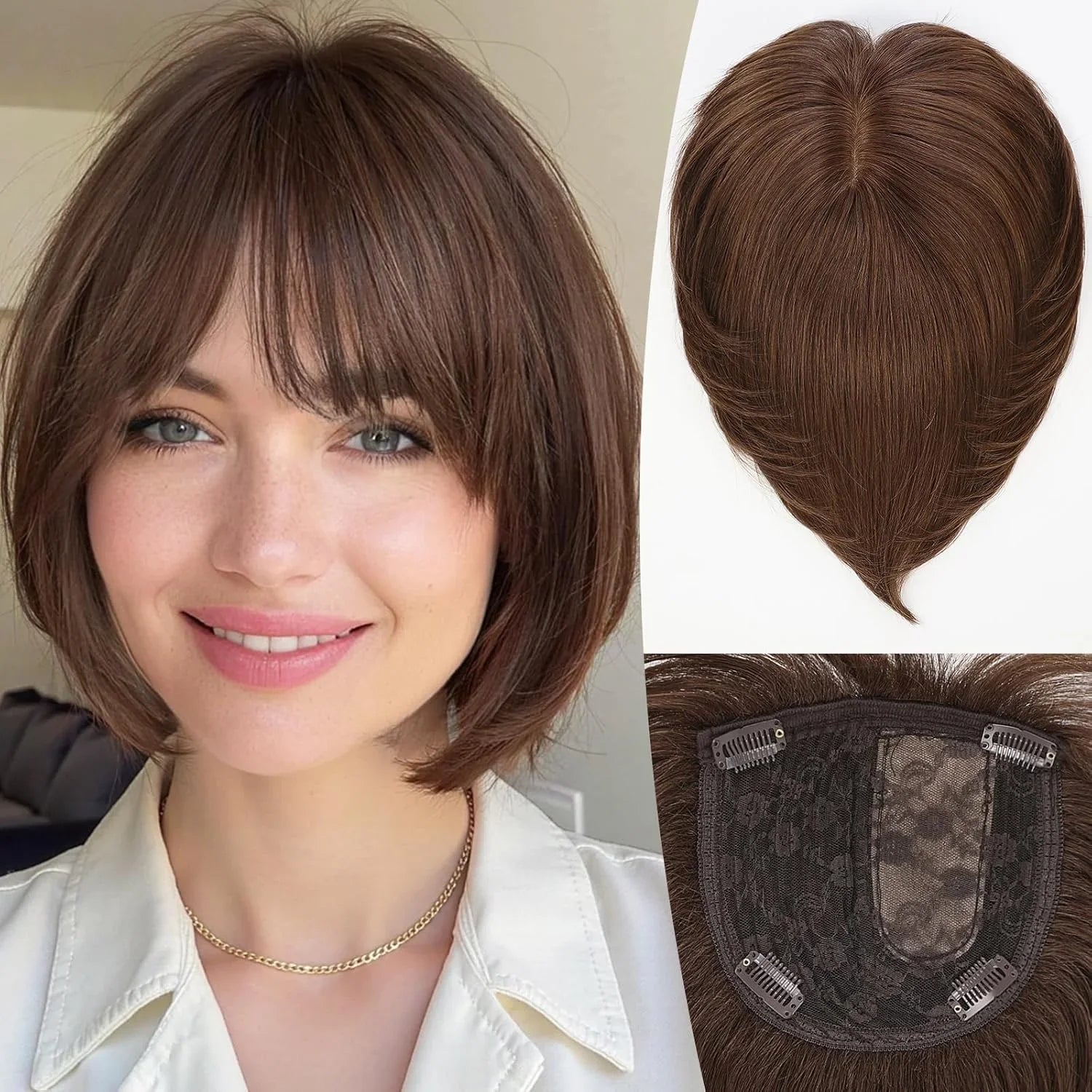 10” Human Hair Topper with Bangs – Silk Base Short Bob (6.5×6.5”)