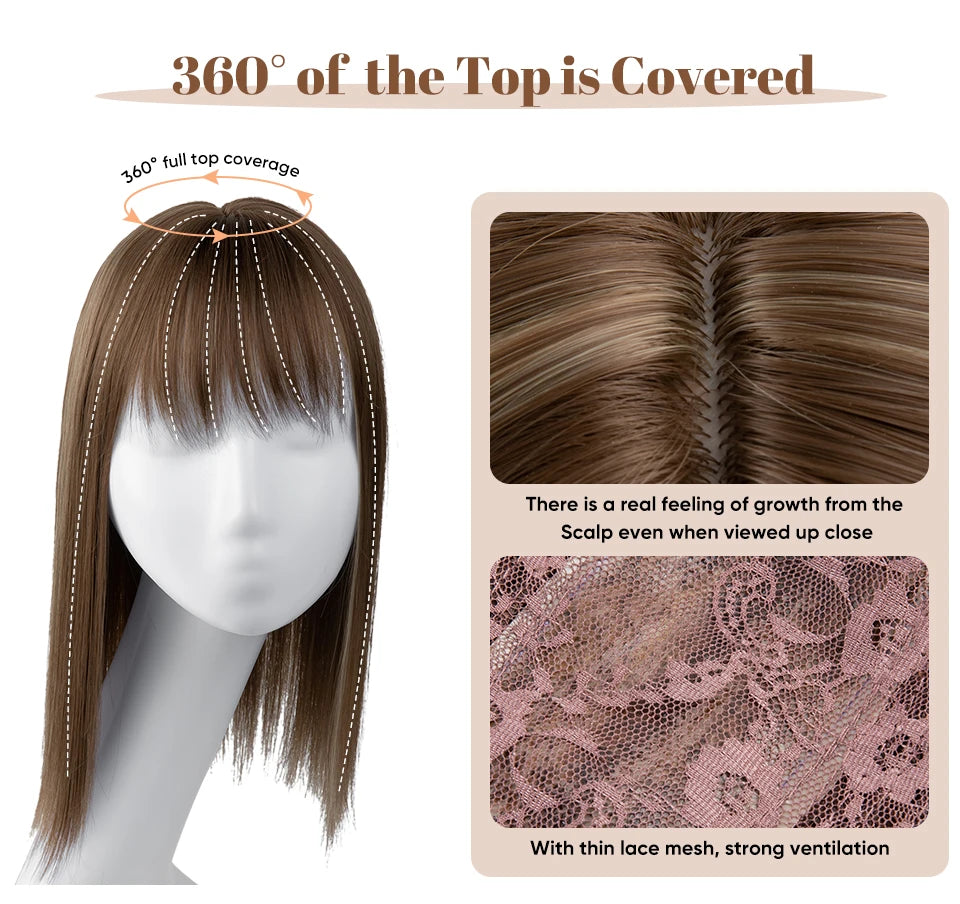 Natural-Look Hair Topper with Bangs – Medium-Length Clip-In Wig for Women (Straight, 120% Density)