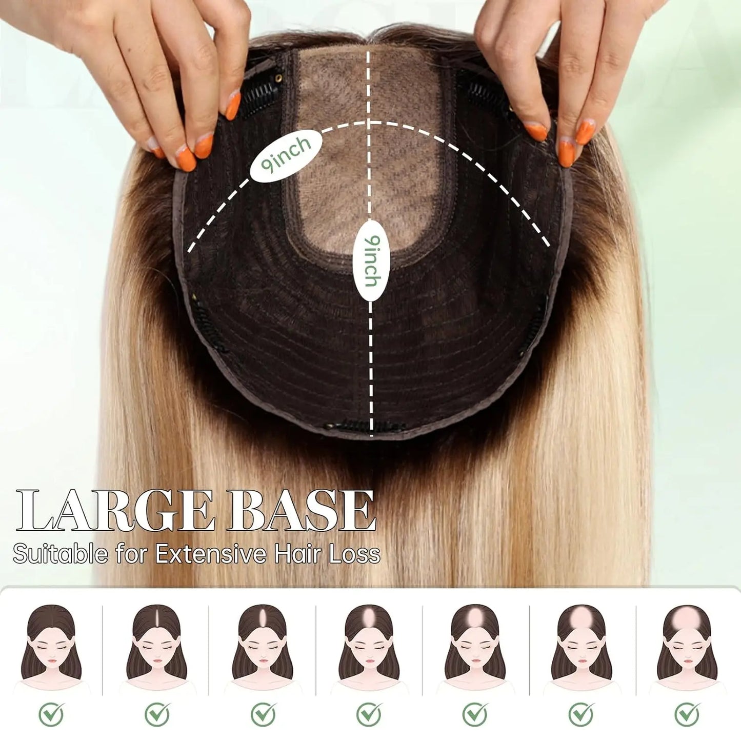 16” Full Coverage Human Hair Topper – Large 9×9 Silk Base Brown Highlights
