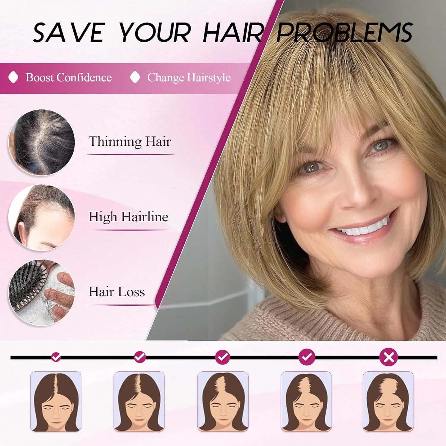 10” Short Bob Human Hair Topper with Bangs – Side Part Silk Base Clip-In