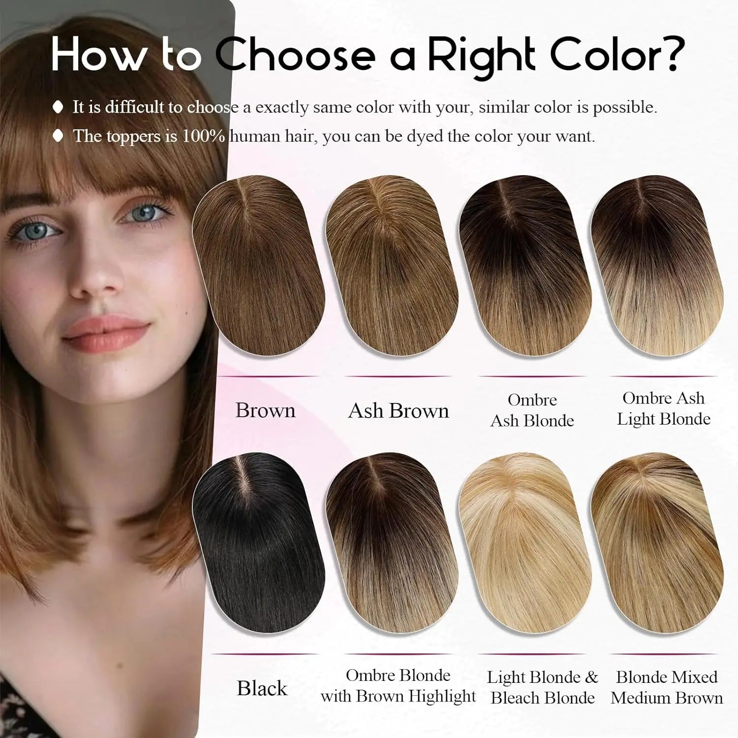 12” Human Hair Topper with Bangs – 360° Lace Base Clip-In for Women