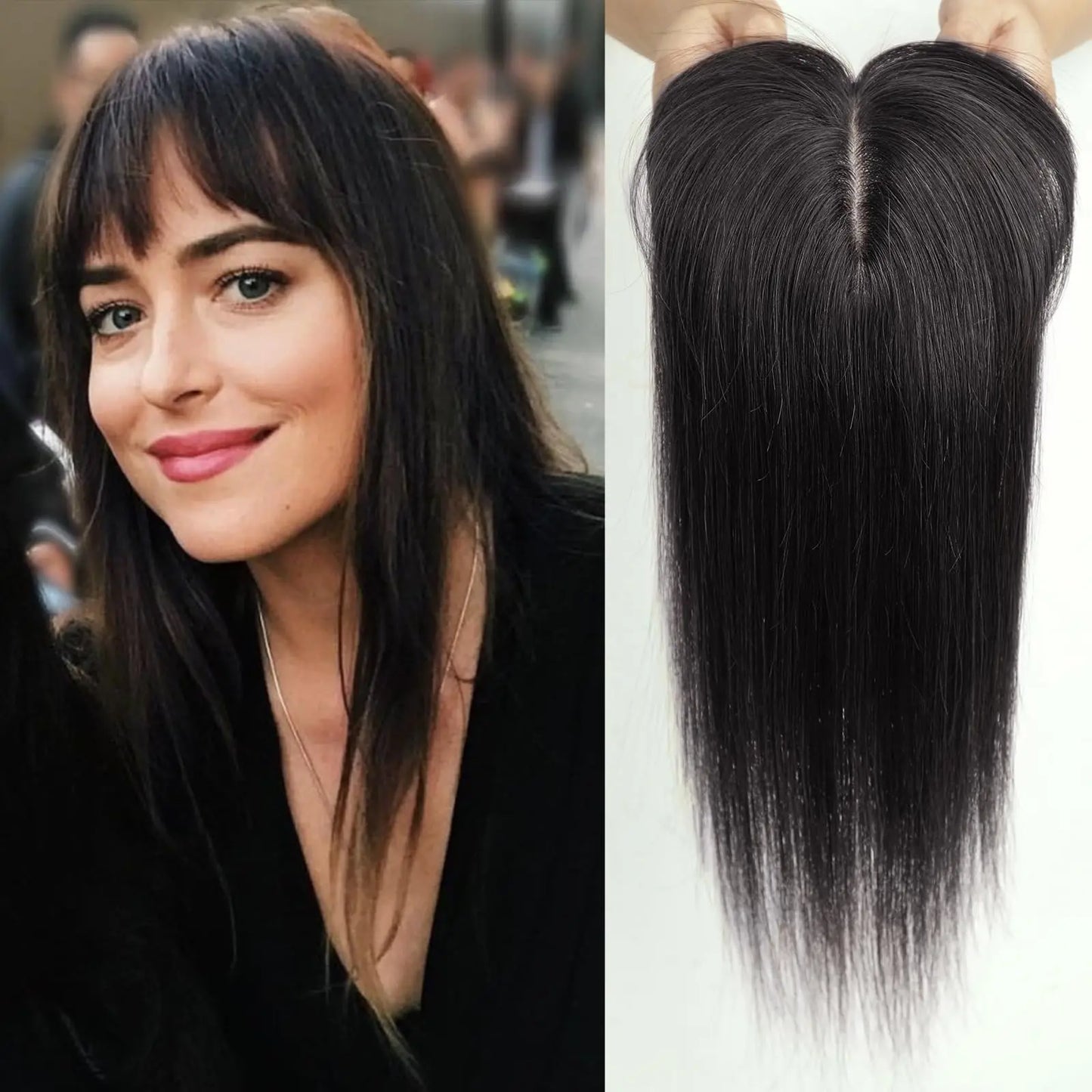 Ombre Blonde Human Hair Topper with Bangs | Remy Silk Base Clip-In Hair Topper for Volume & Hair Loss Coverage