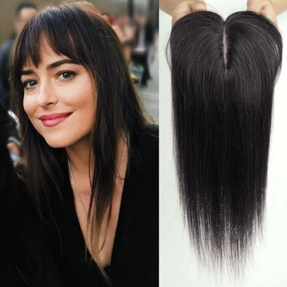 Ombre Blonde Human Hair Topper with Bangs | Remy Silk Base Clip-In Hair Topper for Volume & Hair Loss Coverage