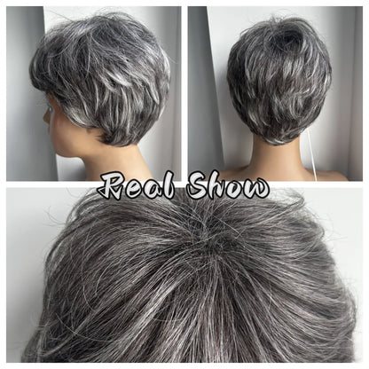 Short Pixie Cut Grey Human Hair Wig – 8” Layered Blend Wig with Bangs for Women