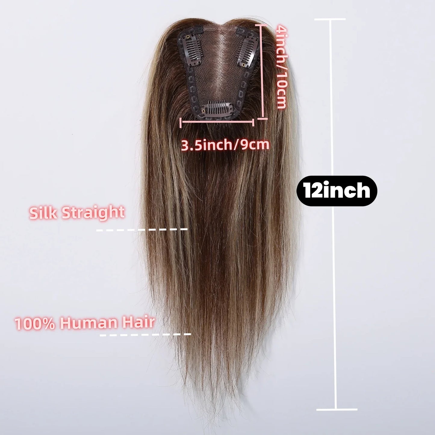12” Human Hair Topper – Straight Lace Base Clip-In Hairpiece