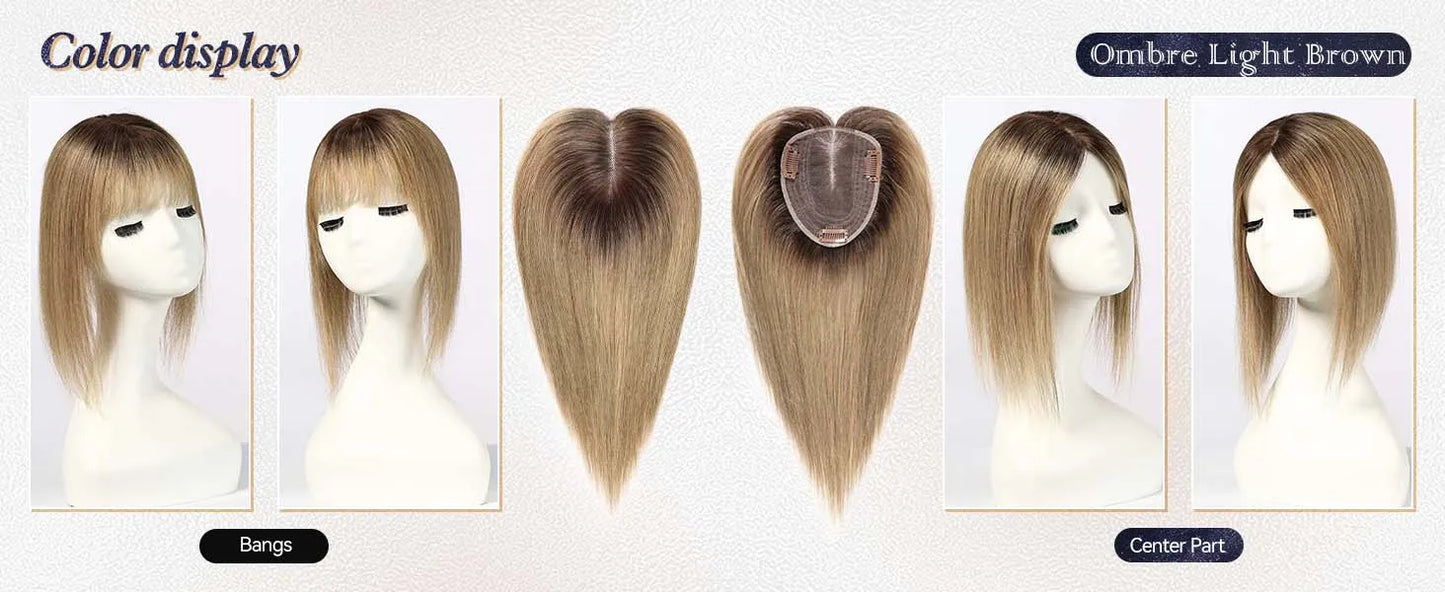 12” Human Hair Topper – Swiss Silk Base, No Bangs, 60g Clip-In