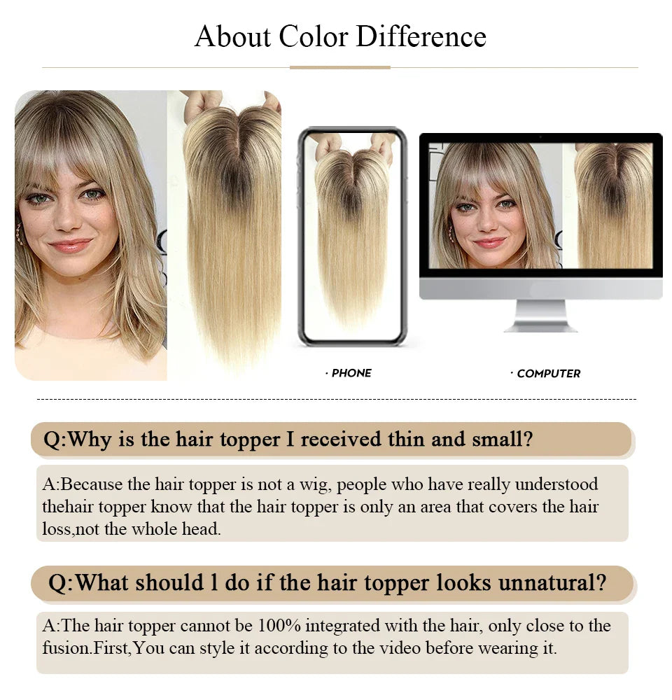 Ombre Blonde Human Hair Topper with Bangs | Remy Silk Base Clip-In Hair Topper for Volume & Hair Loss Coverage
