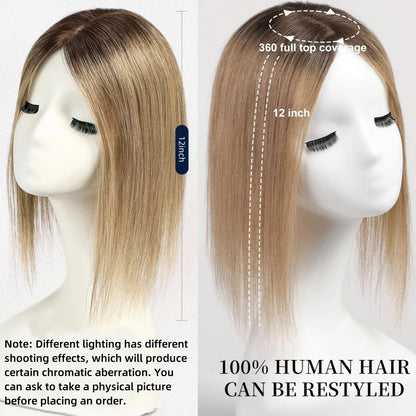 12” Straight Human Hair Topper – Middle Part Swiss Lace Base