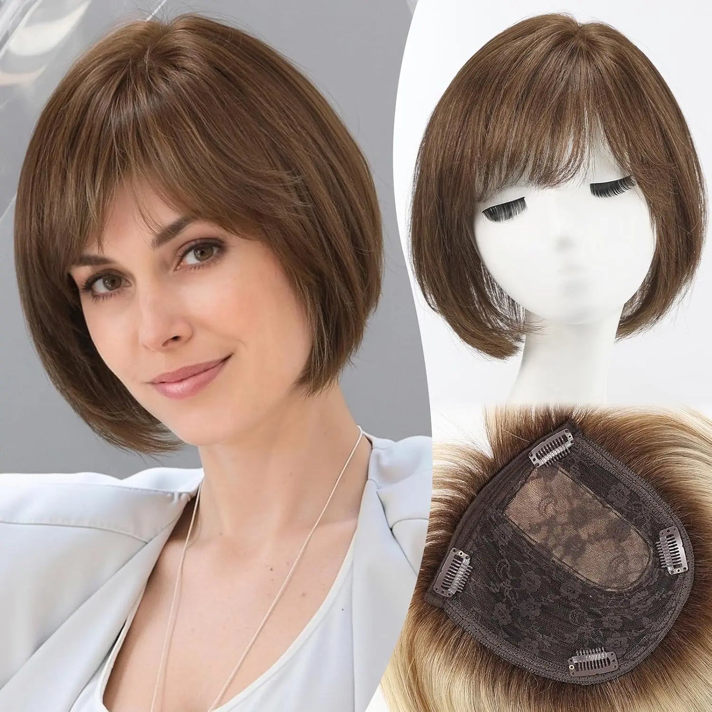 10” Short Bob Human Hair Topper with Bangs – Side Part Silk Base Clip-In