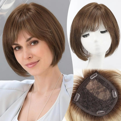 10” Short Bob Human Hair Topper with Bangs – Side Part Silk Base Clip-In