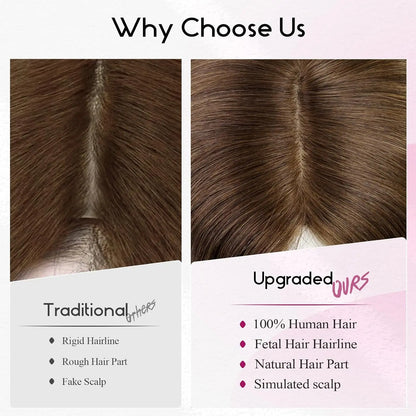 12” Human Hair Topper with Bangs – 360° Lace Base Clip-In for Women
