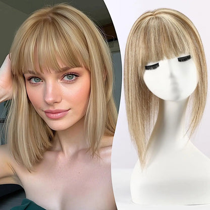 12” Human Hair Topper with Bangs – 360° Lace Base Clip-In for Women