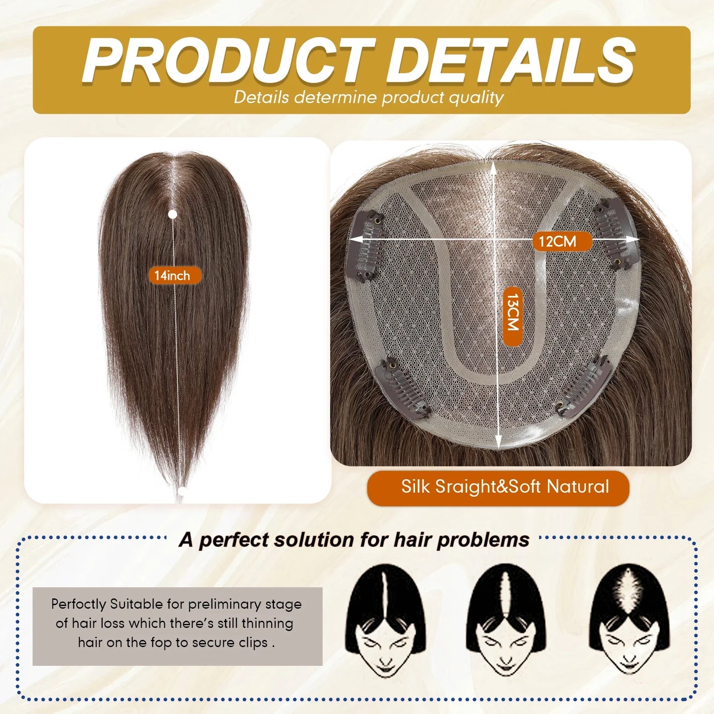 14” Human Hair Topper – Straight Mono Lace Base Clip-In Hairpiece for Women