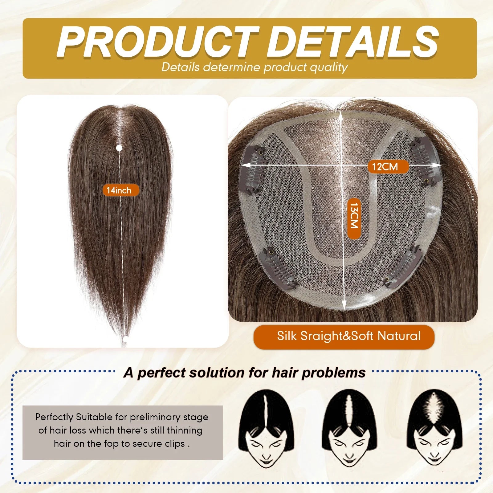 14” Human Hair Topper – Straight Mono Lace Base Clip-In Hairpiece for Women