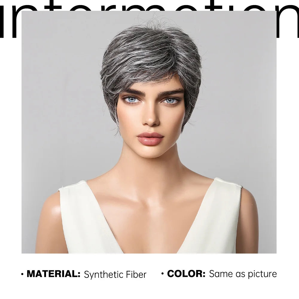 Short Pixie Cut Grey Human Hair Wig – 8” Layered Blend Wig with Bangs for Women