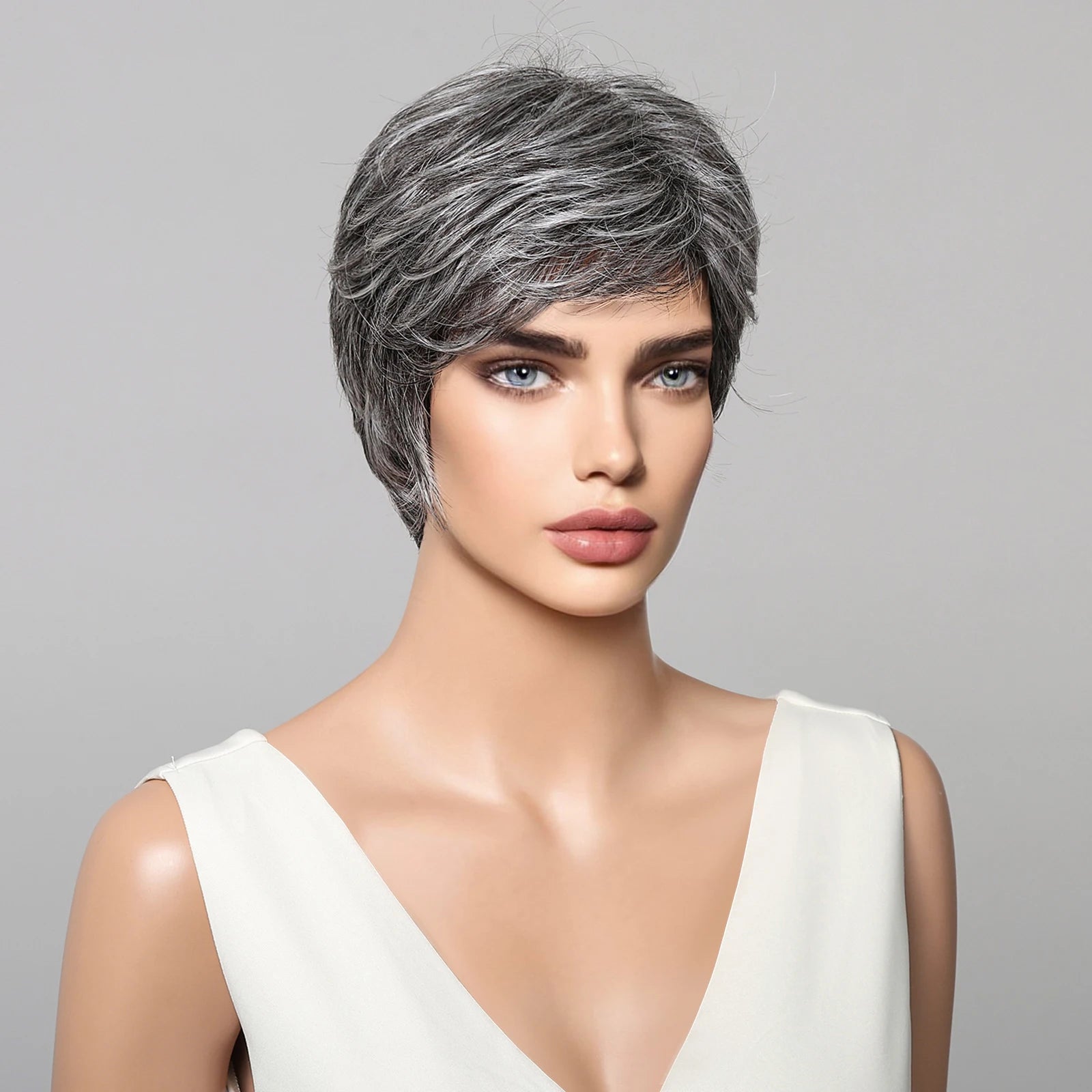 Short Pixie Cut Grey Human Hair Wig – 8” Layered Blend Wig with Bangs for Women