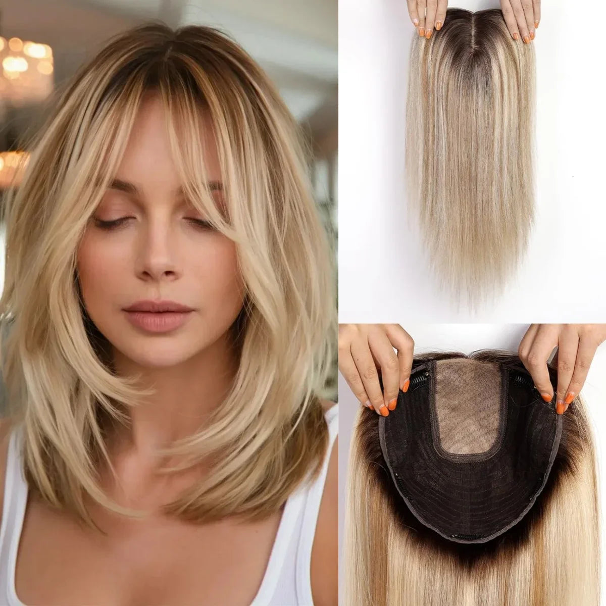 16” Human Hair Topper with Bangs – Clip-In Straight Lace Base Topper