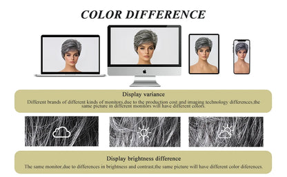Short Pixie Cut Grey Human Hair Wig – 8” Layered Blend Wig with Bangs for Women