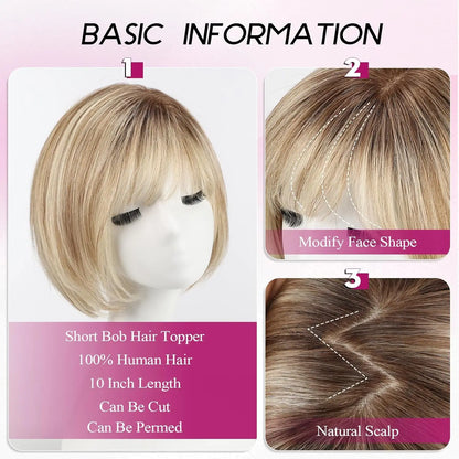 10” Short Bob Human Hair Topper with Bangs – Side Part Silk Base Clip-In